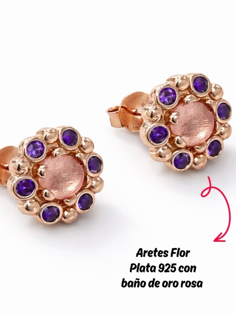 Sterling silver Rose Gold Floral Stud Earrings with Purple Gem Accents